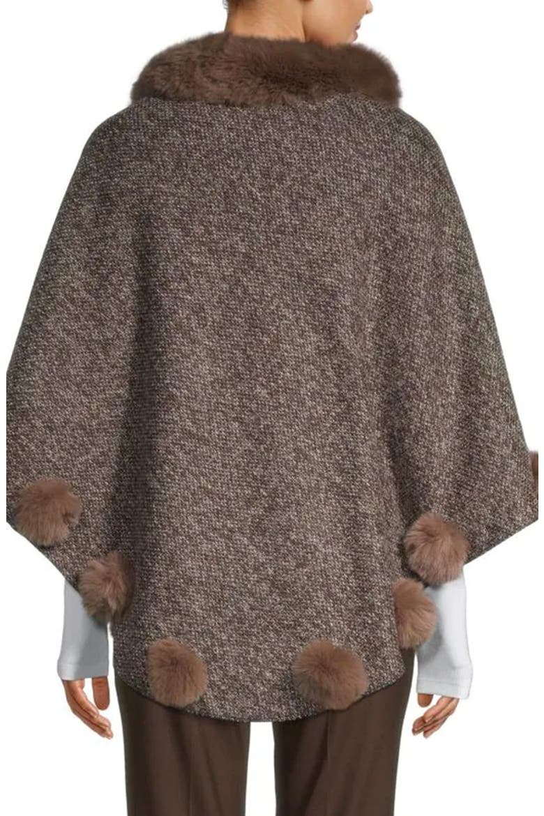Posey Faux Fur Pompom Adorned Poncho, Alternate, color, CAMEL