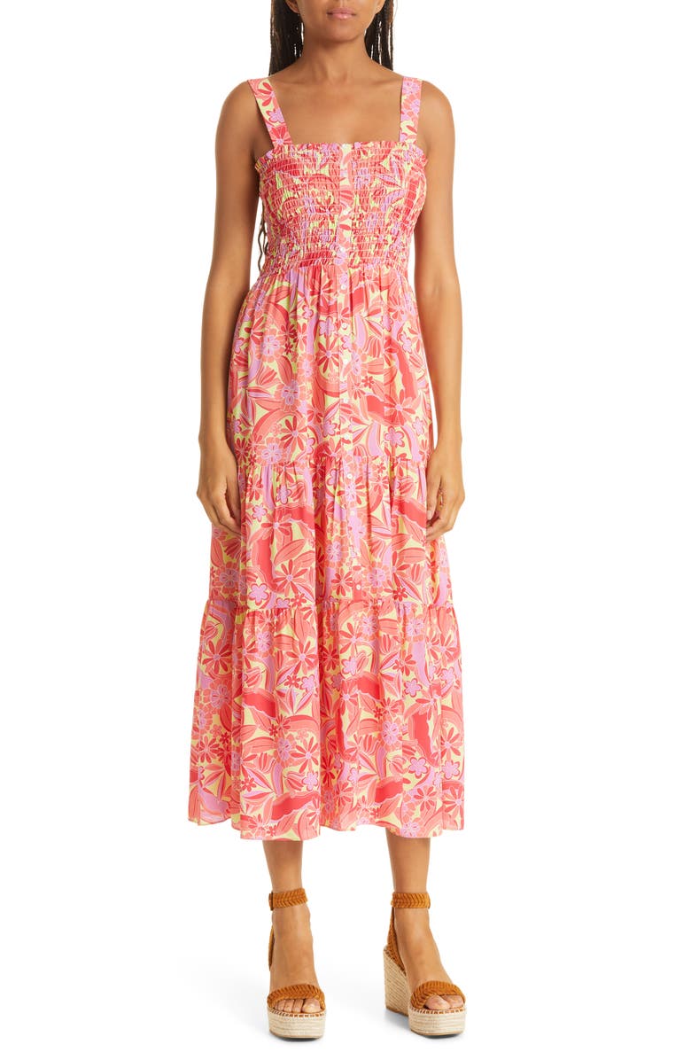 Nicole Miller Smocked Floral Silk Blend Midi Dress, Main, color, 