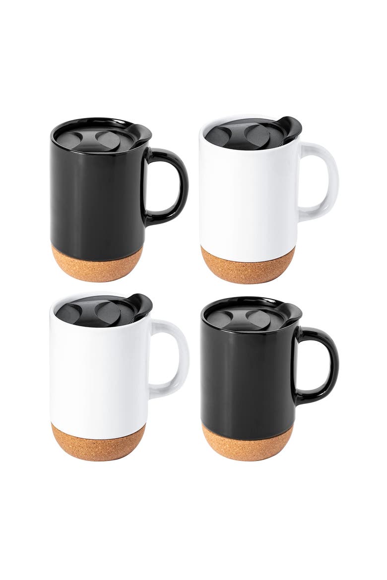 Modani 4 Piece 16.5 Ounce Stoneware Travel Mug Set with Lid and Cork Base, Main, color, Black