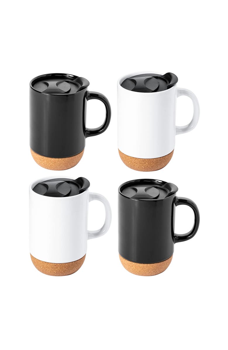 Gibson Home Modani 4 Piece 16.5 Ounce Stoneware Travel Mug Set with Lid and Cork Base, Main, color, Black