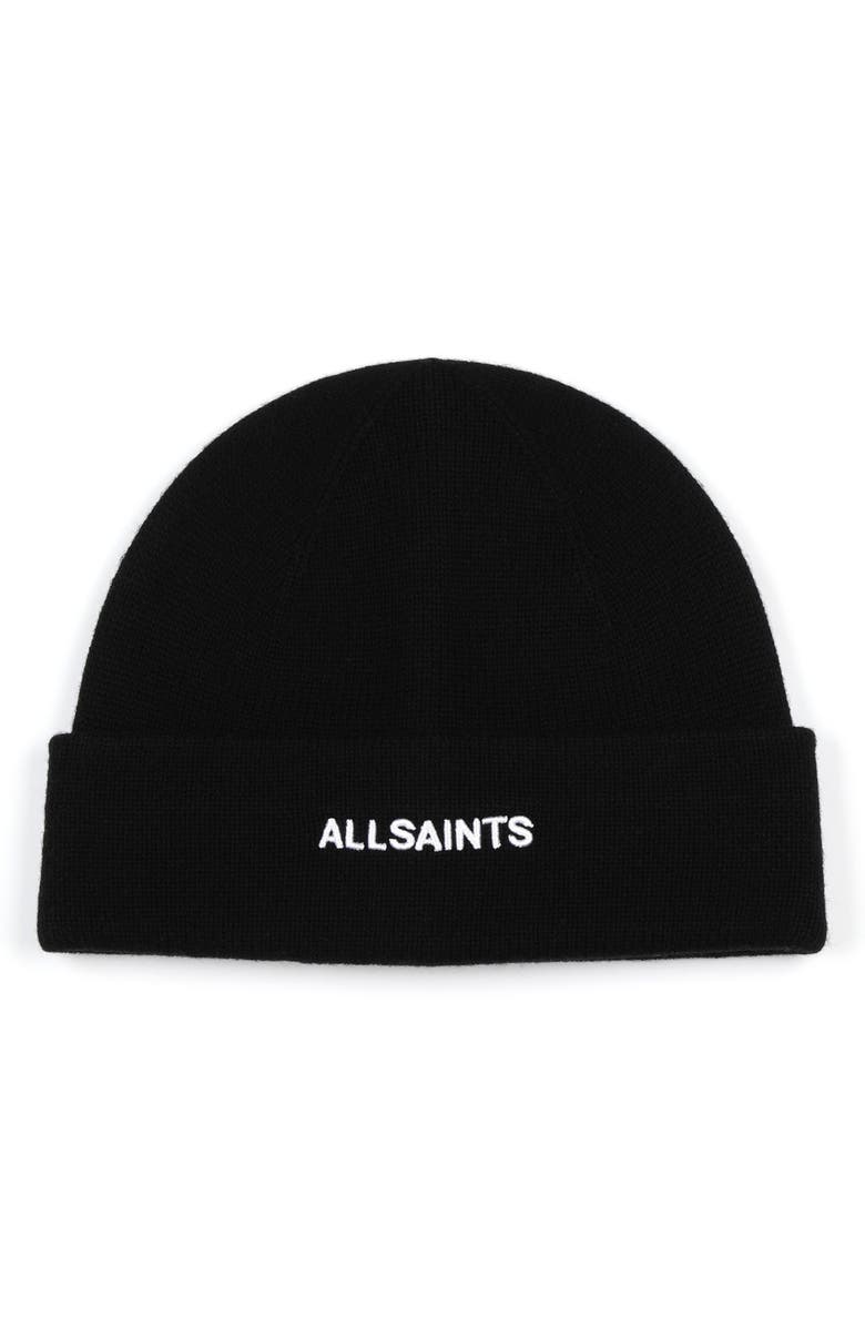 AllSaints Embroidered Logo Beanie, Main, color, Black