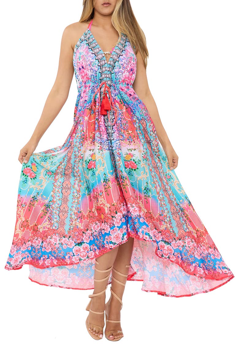 Bright Printed Pink Blooms Flare Sleeve Cover-Up Duster, Alternate, color, TURQUOISE