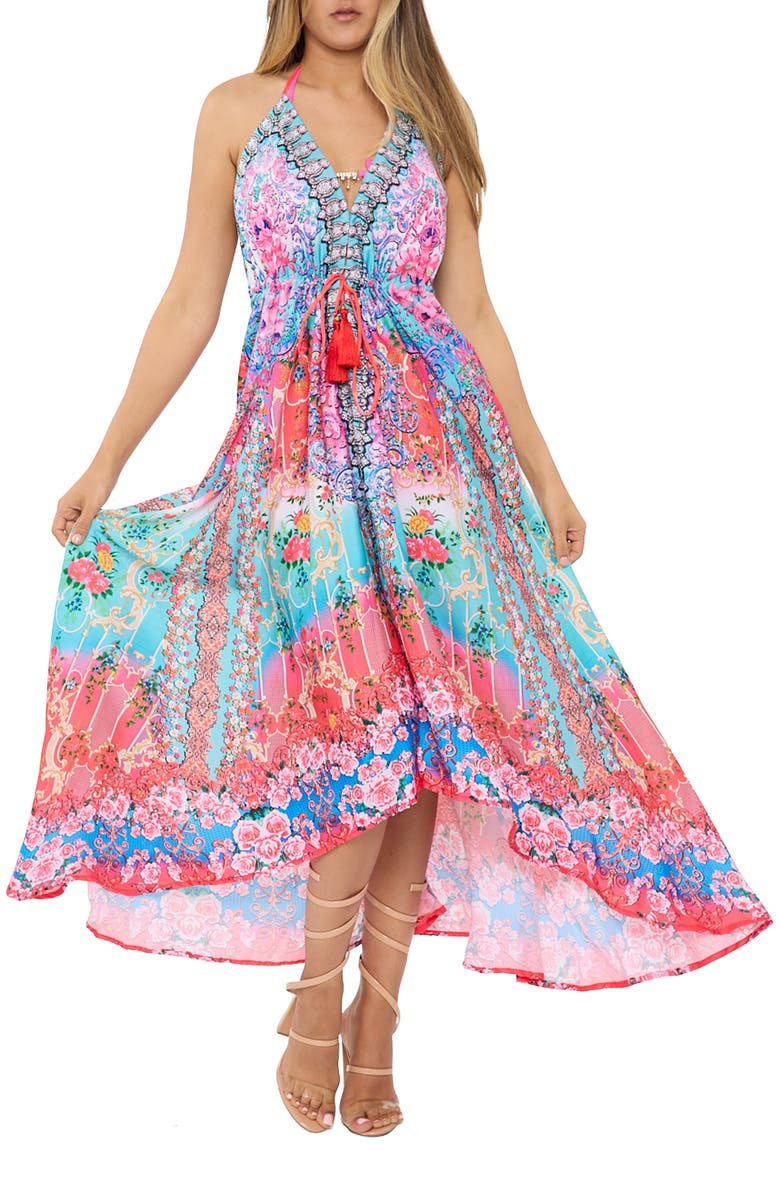RANEES Bright Printed Pink Blooms Flare Sleeve Cover-Up Duster, Alternate, color, Turquoise