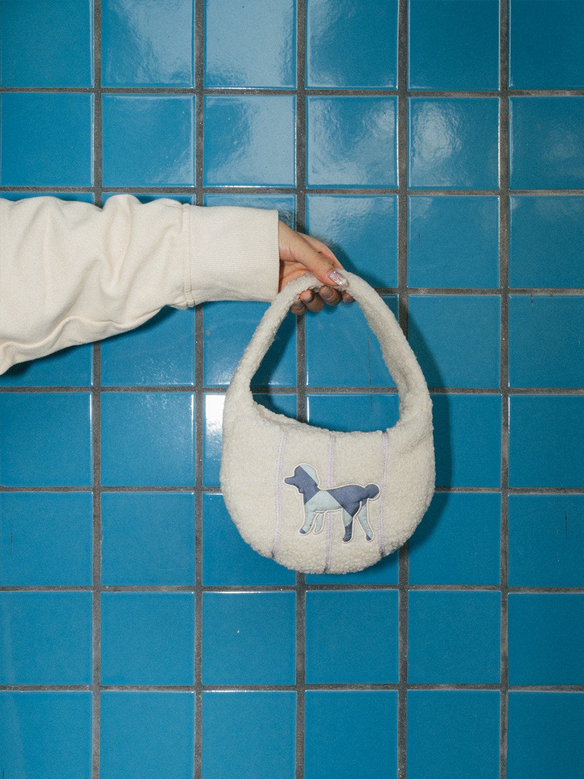 Lost Pattern NYC "Pan Pan" Half Moon Shearling Bag, Alternate, color, White