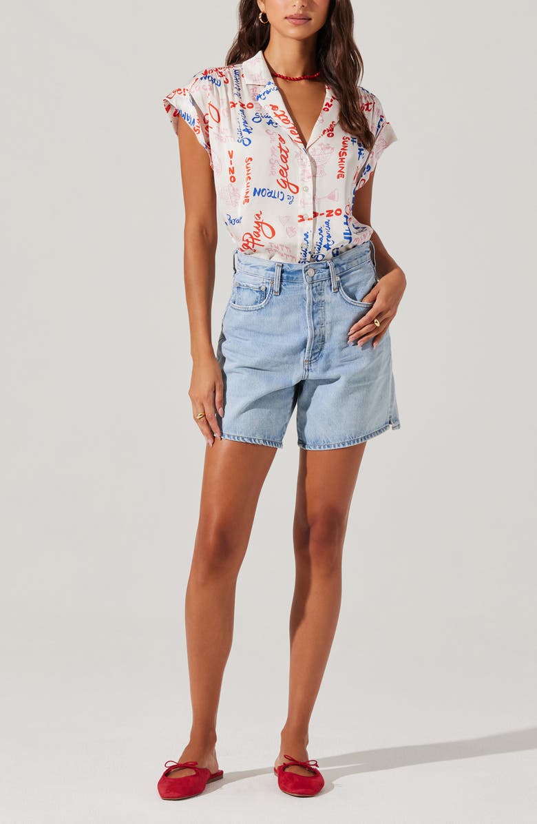 ASTR the Label Callen Print Camp Shirt, Alternate, color, White Multi Script