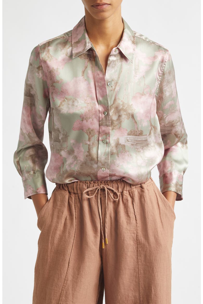 Dani Floral Three-Quarter Sleeve Silk Button-Up Shirt, Alternate, color, LIGHT STONE GREY MULTI GARDEN