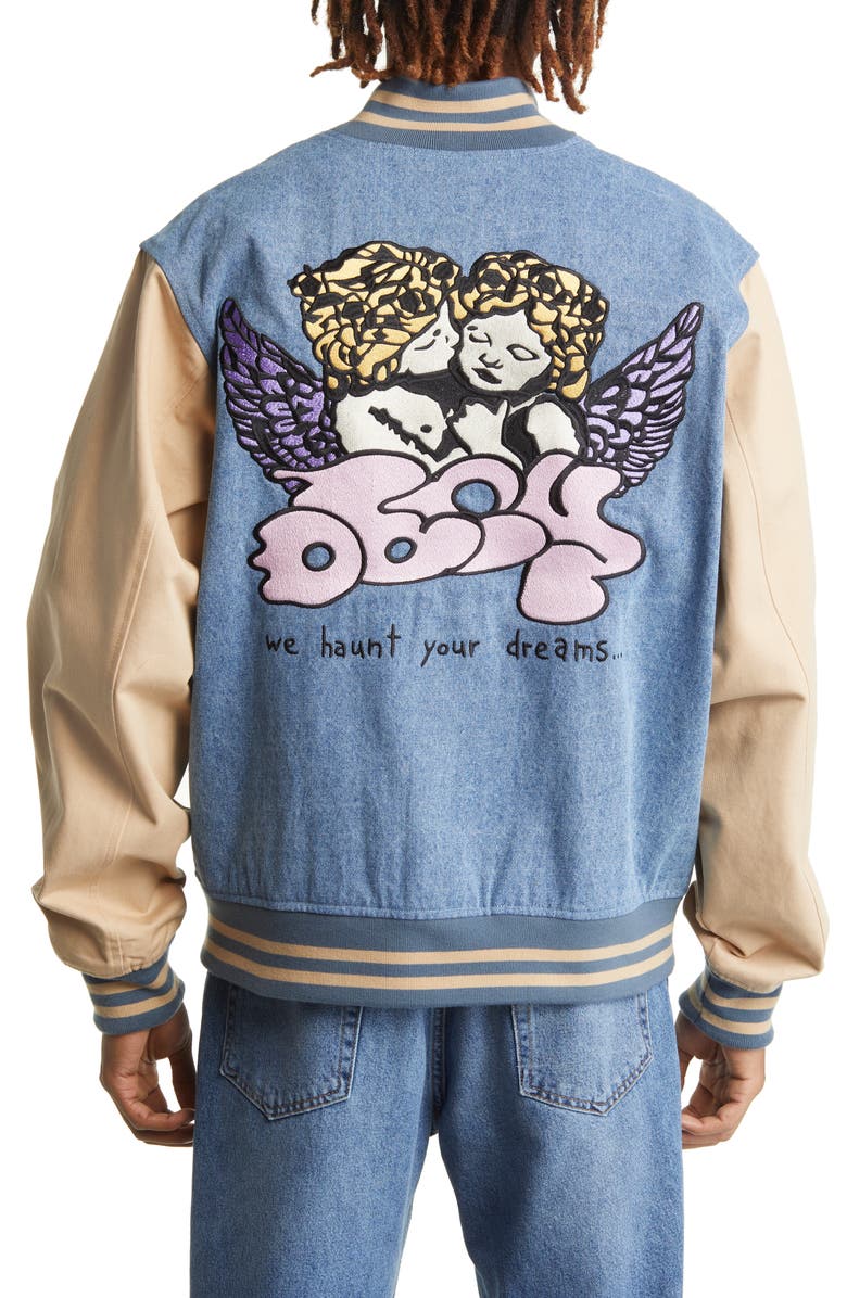 Obey Care Embroidered Denim Varsity Jacket, Alternate, color,