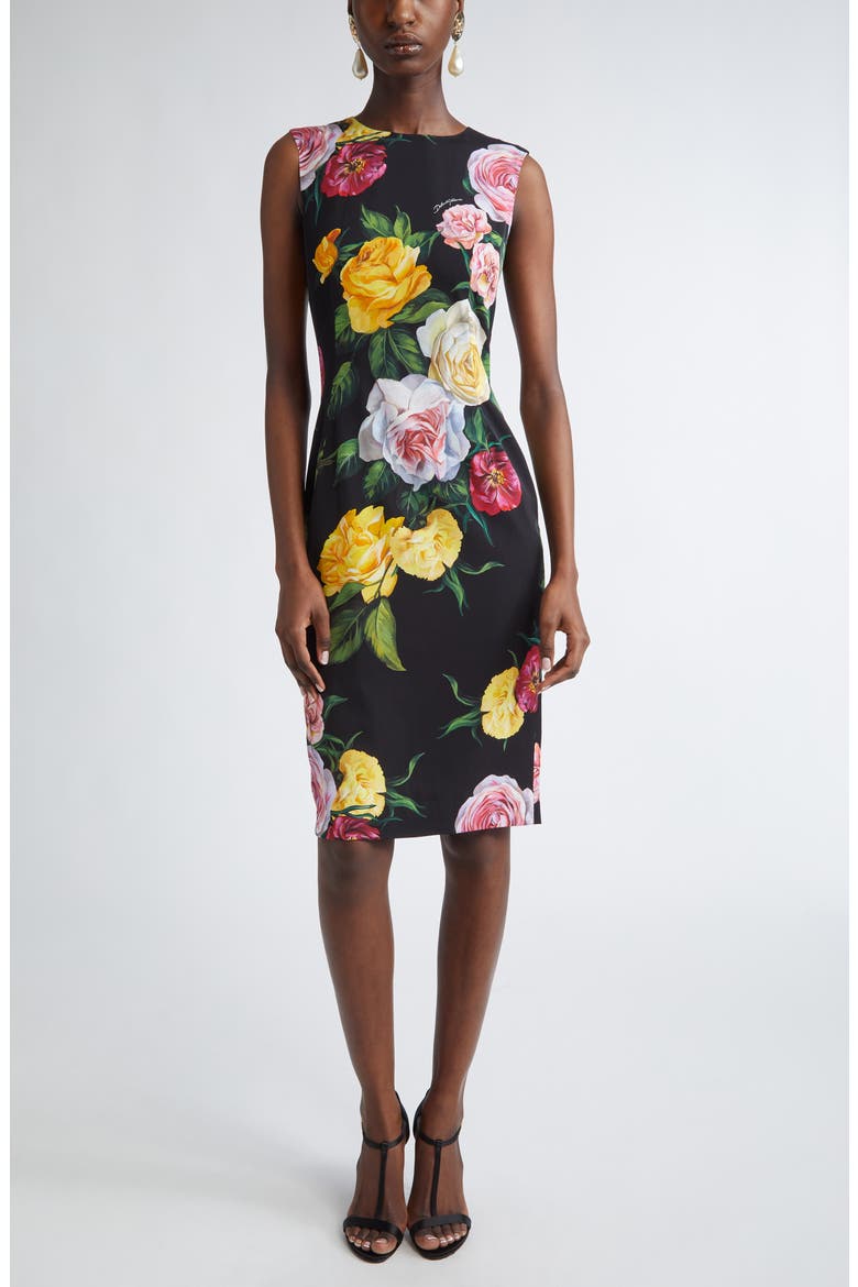 Peony & Rose Floral Charmeuse Sheath Dress, Main, color, HN5IY PEONIE/ ROSE F.NERO