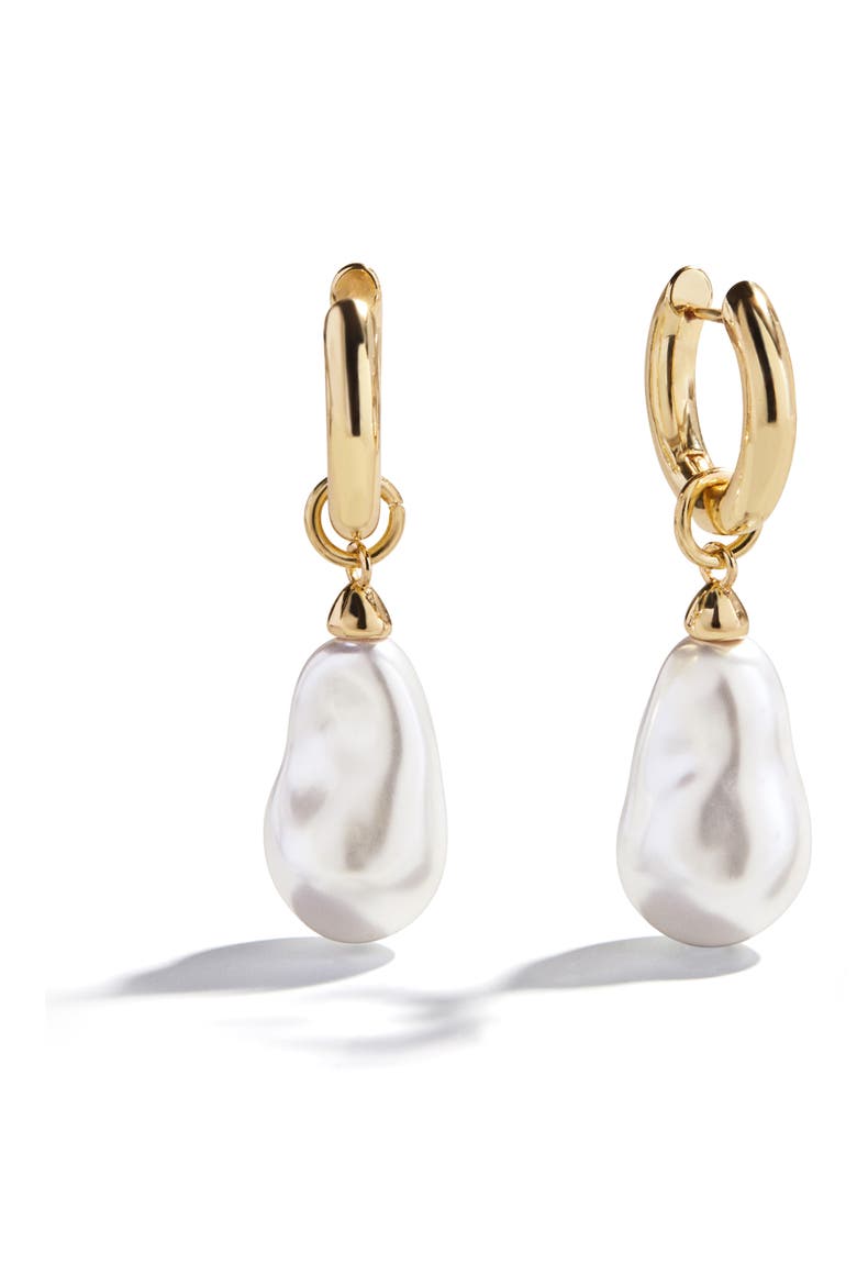 Teagan Faux Pearl Huggie Earrings, Main, color, PEARL