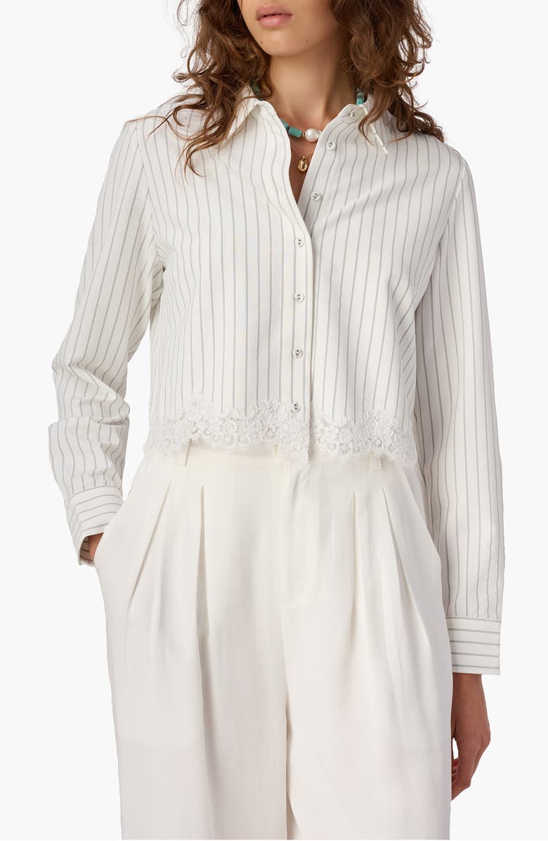 CAMI NYC Callum Stripe Lace Trim Crop Button-Up Shirt, Main, color, White Pinstripe