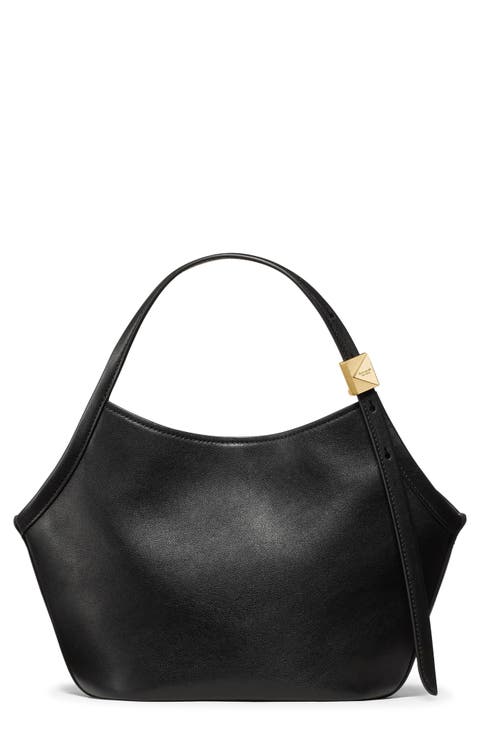 small deco fine grain leather tulip top handle bag