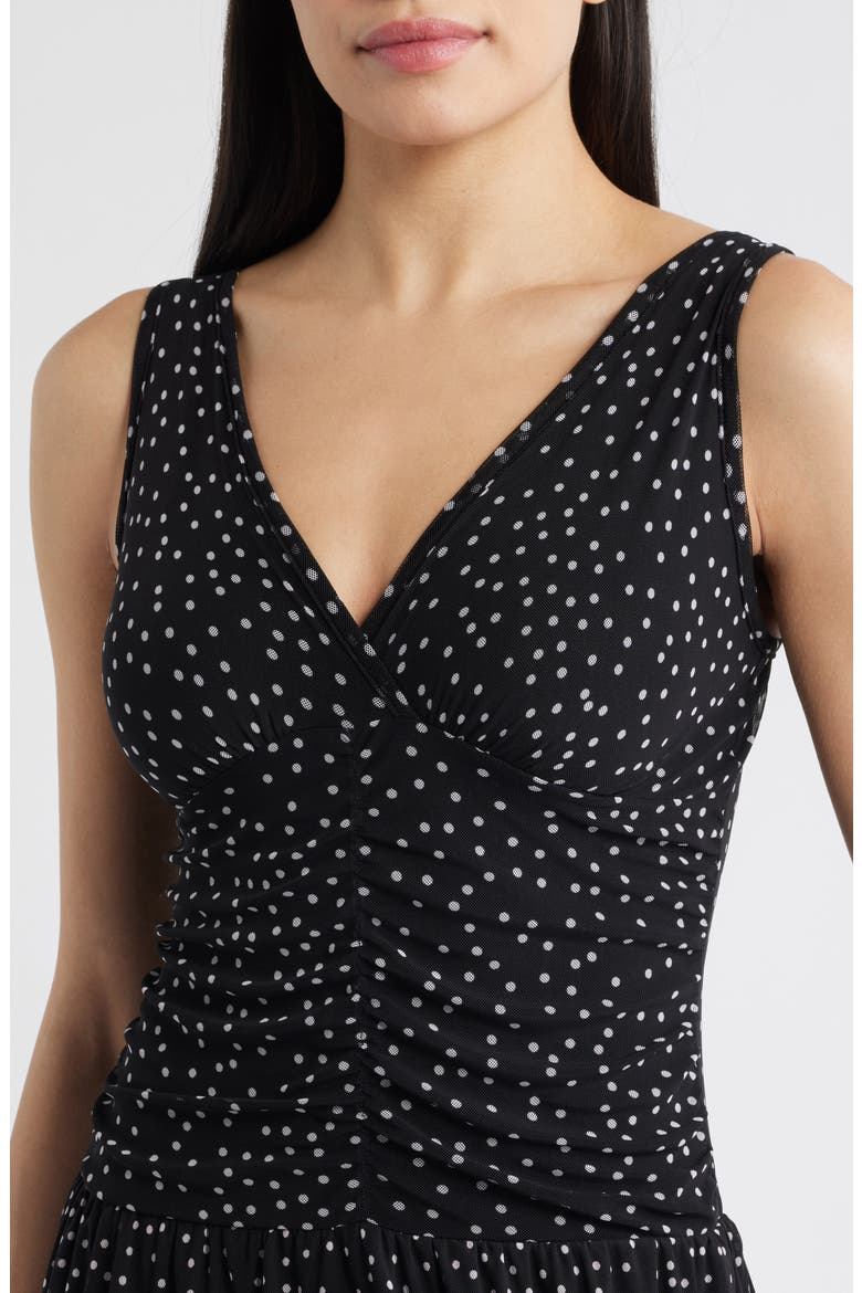 Polka Dot Ruched Mesh Maxi Dress, Alternate, color, BLACK