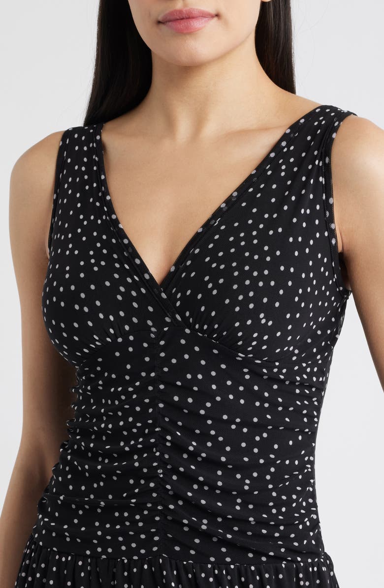 Loveappella Polka Dot Ruched Mesh Maxi Dress, Alternate, color, Black