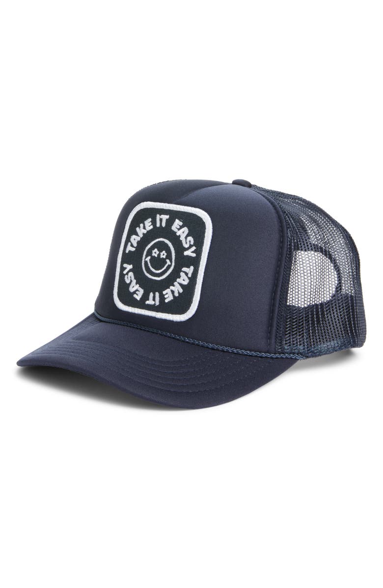 Friday Feelin’ Take it Easy Patch Trucker Hat, Main, color, Navy