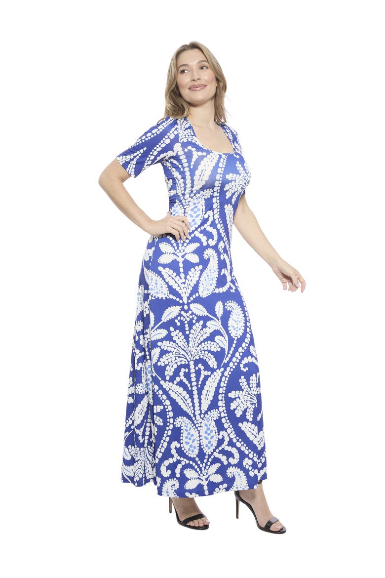 Womens Essential Paisley Scoop Neck Elbow Sleeve A-Line Maxi Dress, Alternate, color, Blue Multi