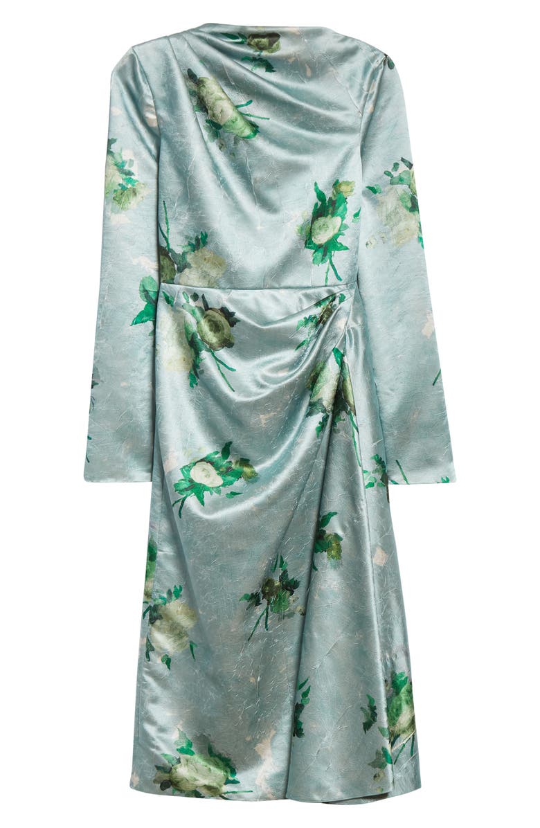 Erdem Abstract Rose Print Draped Long Sleeve Satin Midi Dress, Alternate, color, Abstract Rose Eggshell