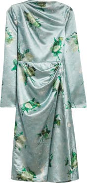 Erdem Abstract Rose Print Draped Long Sleeve Satin Midi Dress