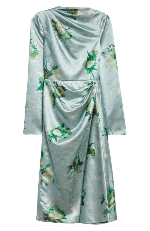 Erdem Abstract Rose Print Draped Long Sleeve Satin Midi Dress In Green
