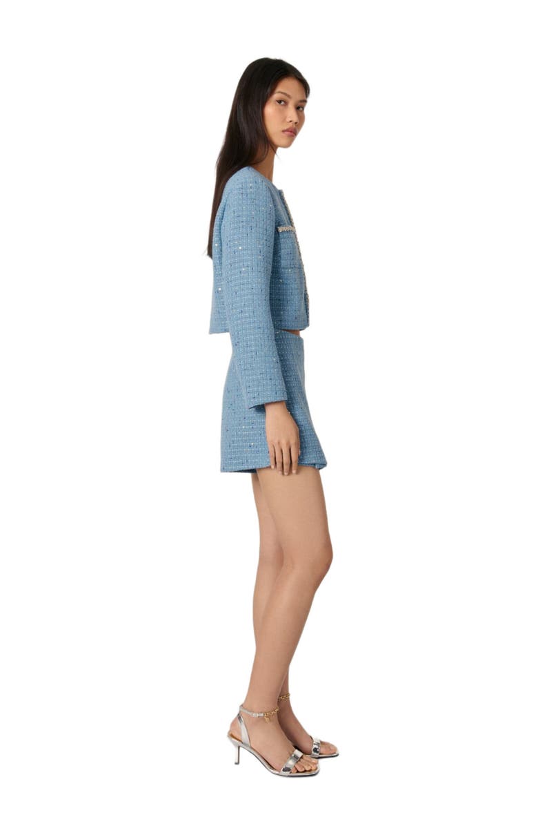 maje Short sequin tweed jacket, Alternate, color, Blue