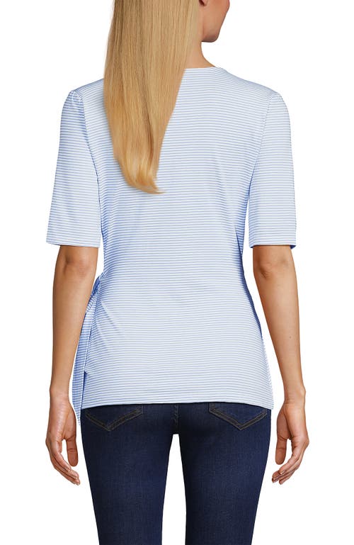 Lands' End Elbow Sleeve Lightweight Jersey Side Tie Blouse In White/periwinkle Tiny Stripe