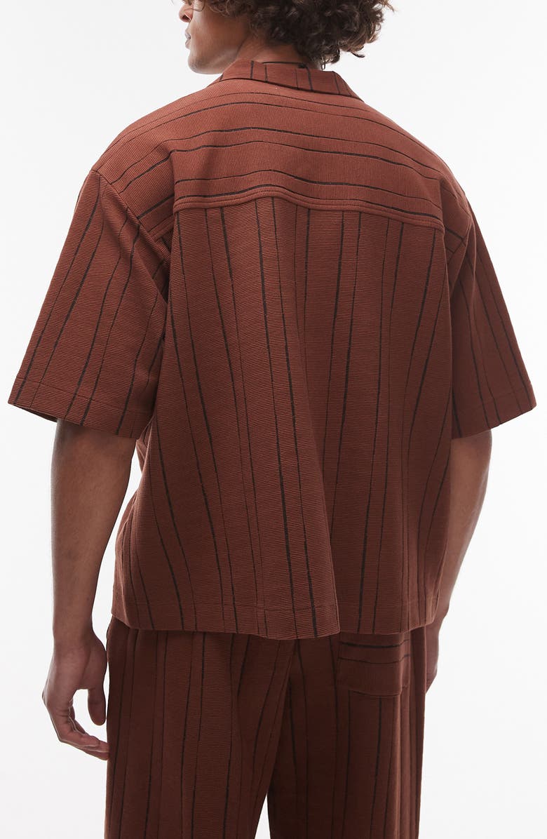Topman Oversize Stripe Textured Cotton Blend Knit Camp Shirt, Alternate, color, Brown