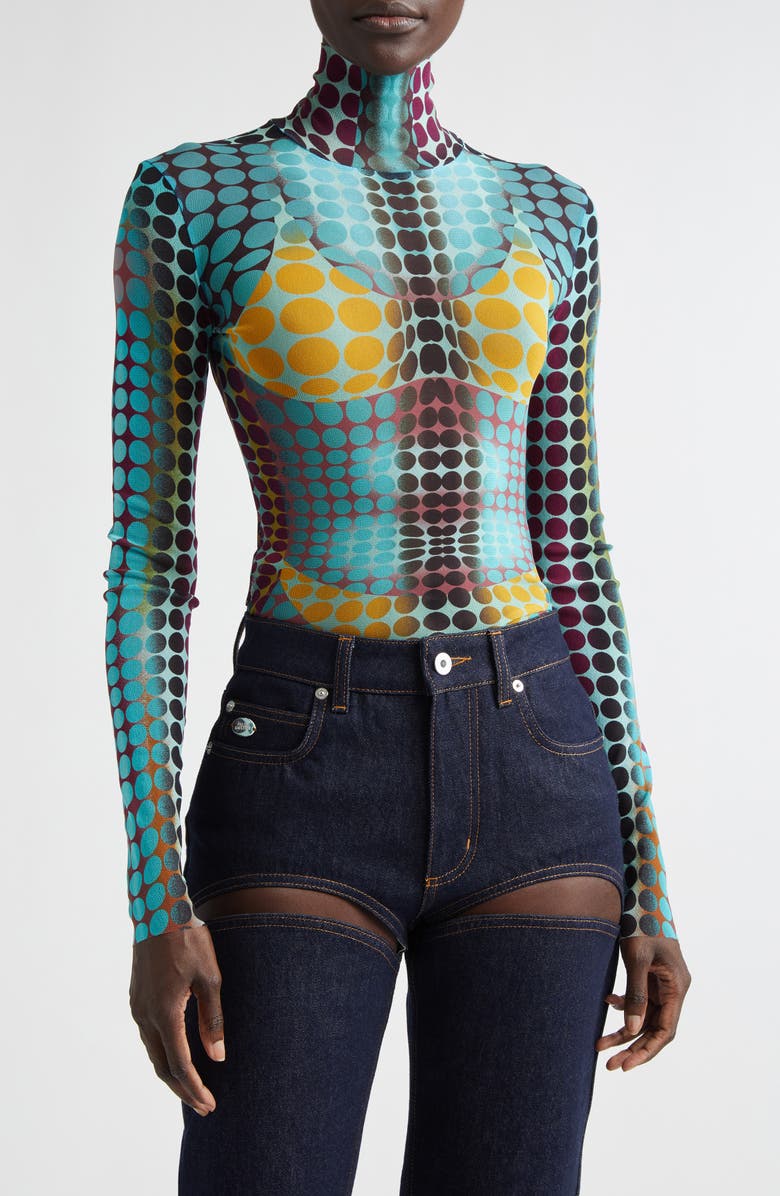 Jean Paul Gaultier Re-Edition Polka Dot Trompe l'Oeil Long Sleeve Mesh Top, Main, color, Blue/ Purple/ Yellow