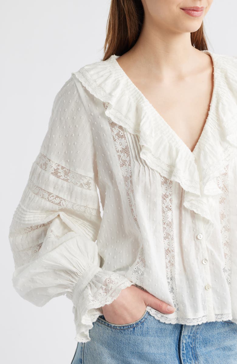 LoveShackFancy Rosabelle Lace Inset Clip Dot Button-Up Shirt, Alternate, color, Optic White