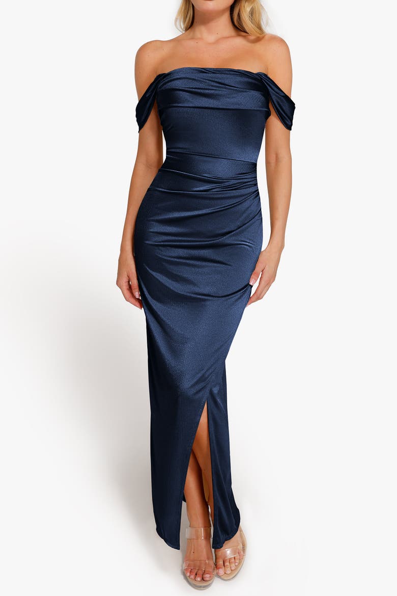 Liquid Metallic Fabric Off Shoulder Shine Ruched Sculpting Maxi Shapewear Dress, Alternate, color, Navy Blue