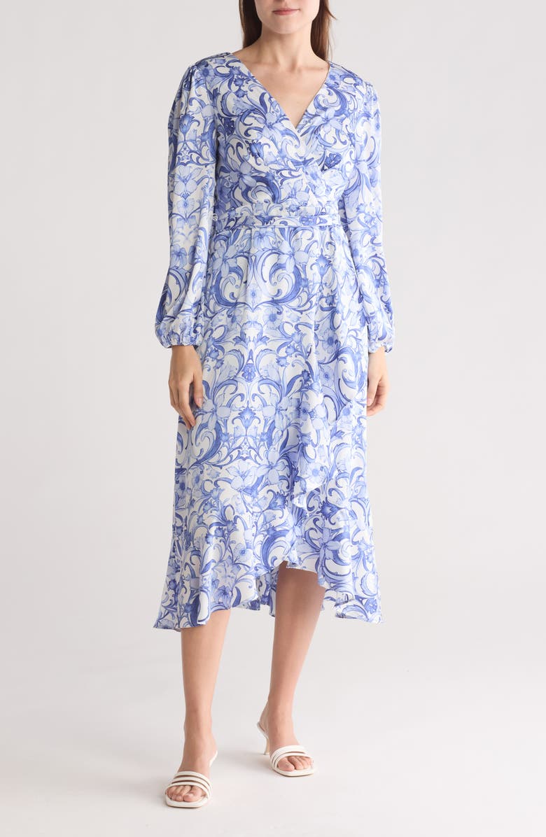 Tahari ASL Floral Print Wrap Midi Dress, Main, color,