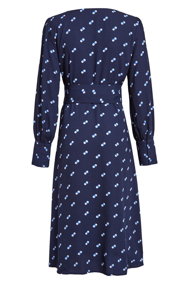 Long Sleeve Wrap Midi Dress, Alternate, color, NAVY- BLUE SPACED DOT