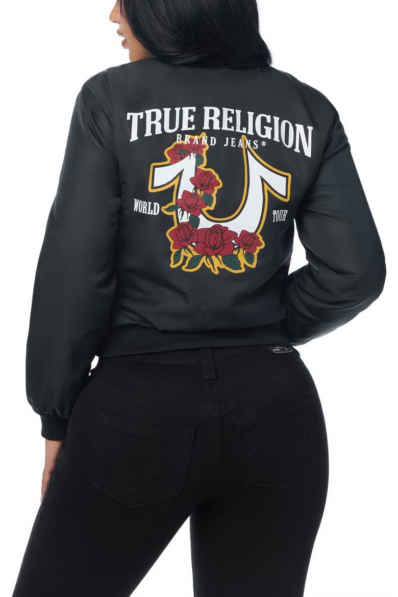 Patch Nylon Bomber Jacket, Alternate, color, JET BLACK