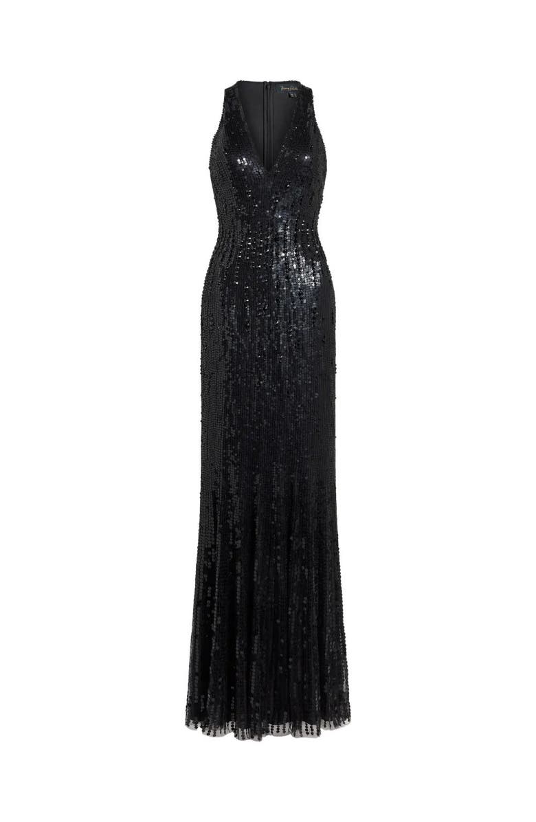 Jenny Packham Black Flower Sequined V-Neck Maxi Dress, Main, color, Liquorice