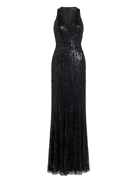 Black Flower Sequined V-Neck Maxi Dress