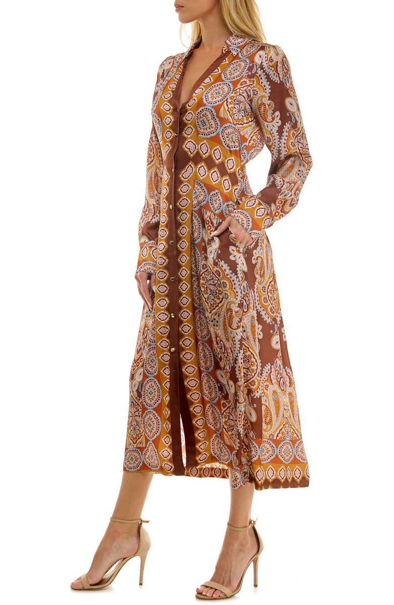 Socialite Printed Long Sleeve Midi Shirtdress, Alternate, color, Rust/ Brown