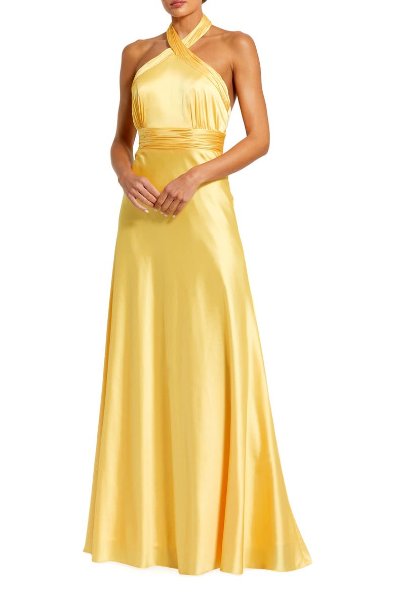 Ruched Halter Neck Tie Back Satin Gown, Main, color, Lemon