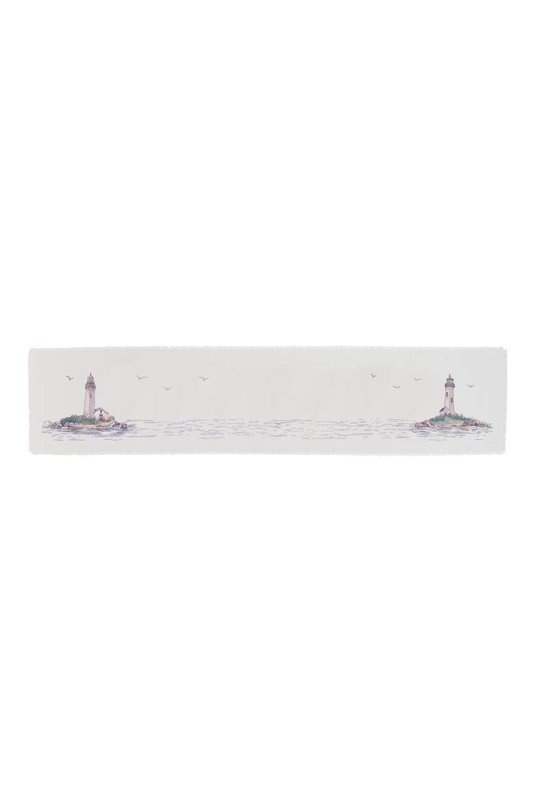 Guiding Light House Coastal Nautical Fringed Embroidered Table Runner 14" x 72", Main, color, Beige