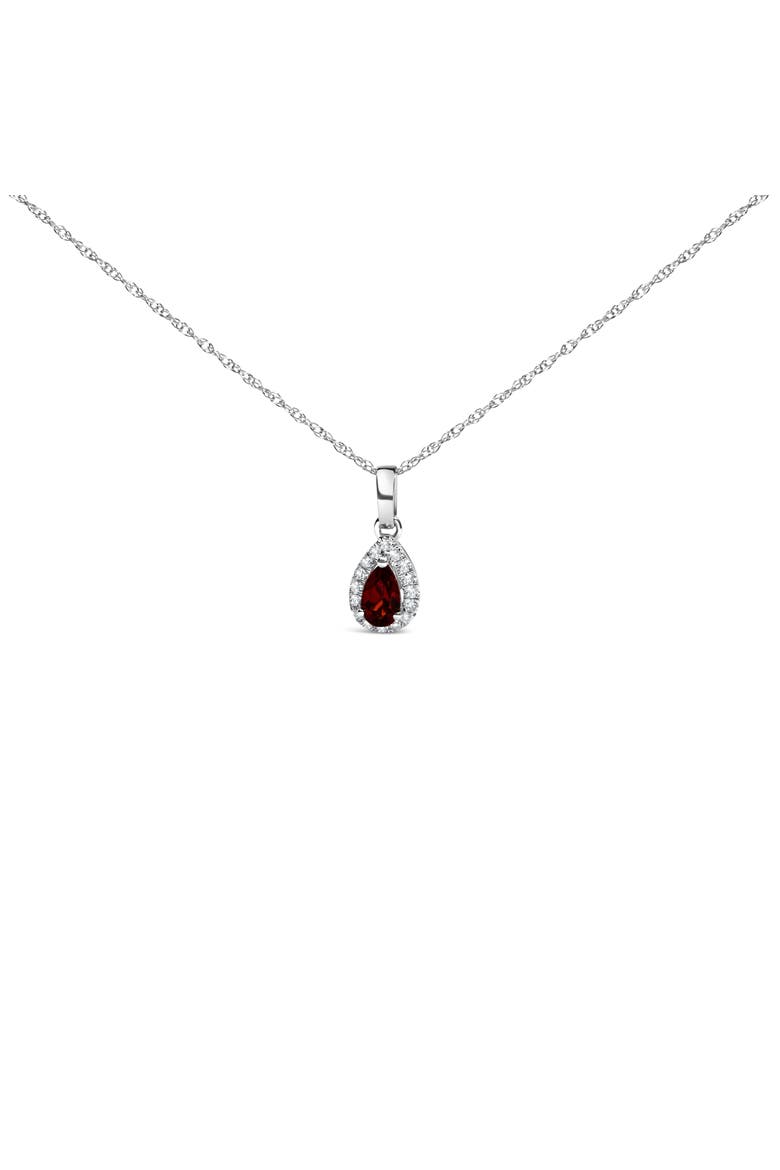 10K White Gold 5x3mm Gemstone and Diamond Accent Halo Pear Shape 18" Pendant Necklace, Main, color, Red Garnet | White