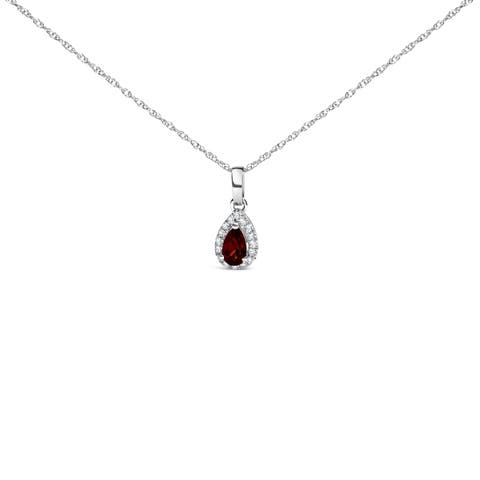 10K White Gold 5x3mm Gemstone and Diamond Accent Halo Pear Shape 18" Pendant Necklace