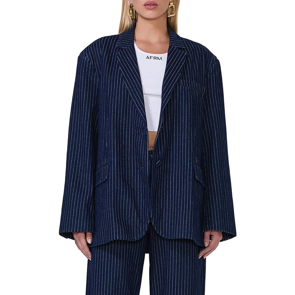 Afrm Joette Oversize Cotton Blend Blazer In Dark Wash