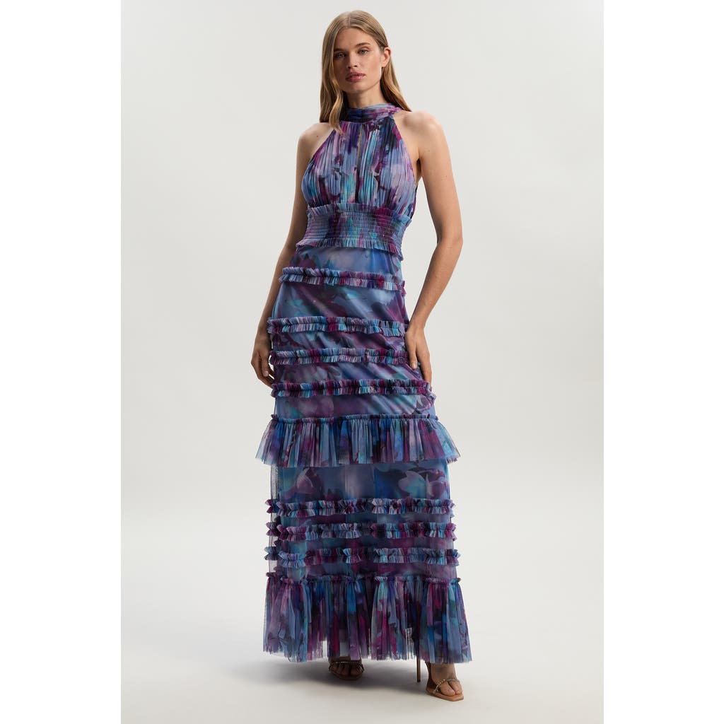 Karen Millen Tulle Layered Halter Neck Maxi Dress In Blue
