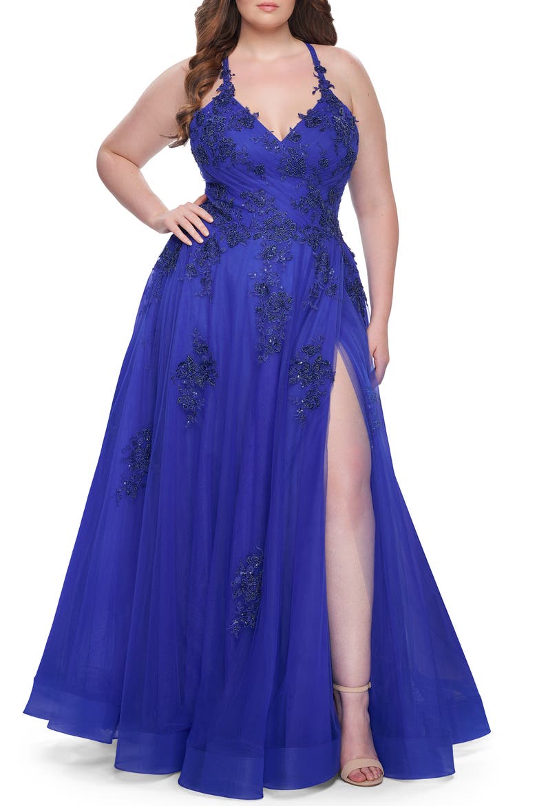 A-Line Tulle Plus Dress with Lace Applique and Tie Back, Alternate, color, Royal Blue