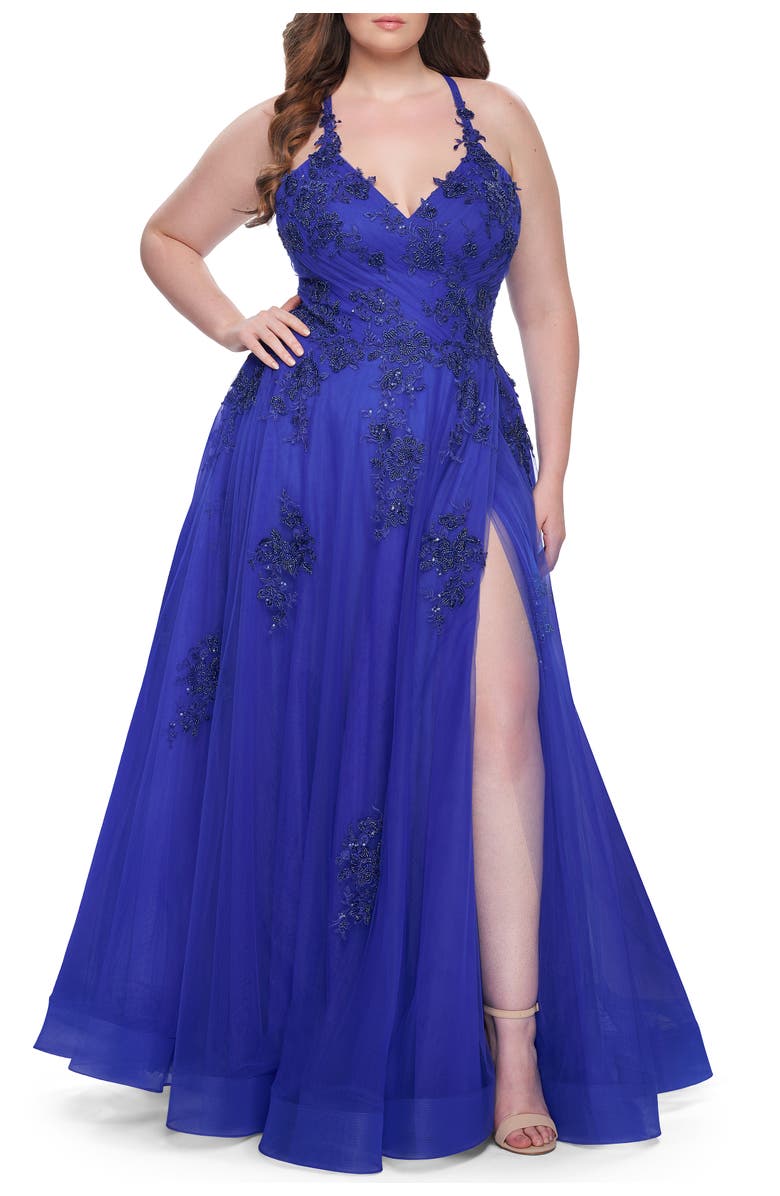 La Femme A-Line Tulle Plus Dress with Lace Applique and Tie Back, Alternate, color, Royal Blue