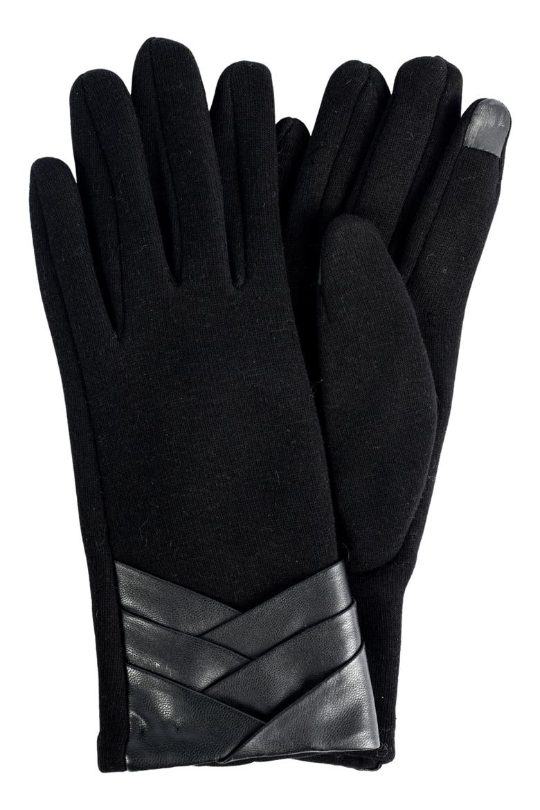 Pleated Faux Leather Jersey Knit Gloves, Main, color, BLACK