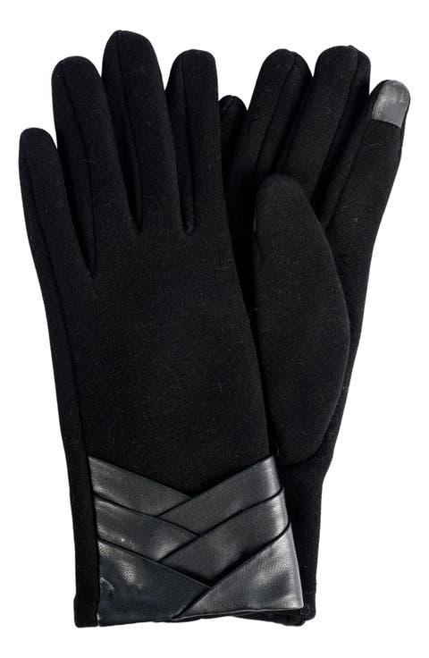 Pleated Faux Leather Jersey Knit Gloves