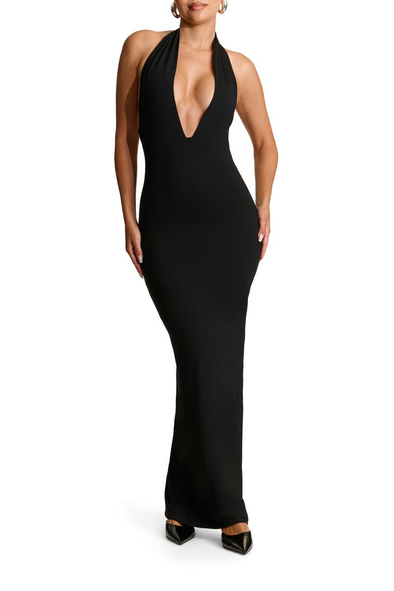 Butter Plunge Halter Maxi Dress, Main, color, BLACK