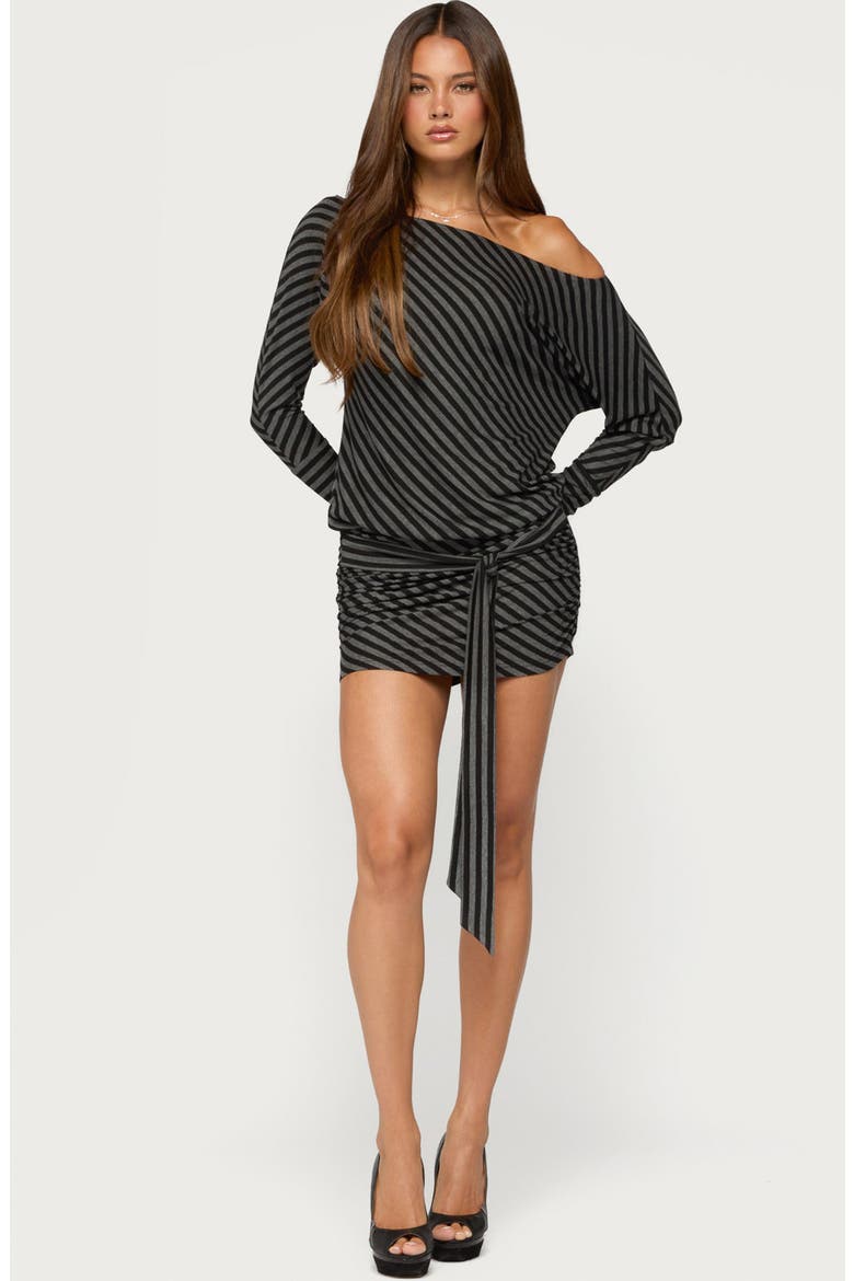 Maely Off-the-Shoulder Striped Minidress, Alternate, color, BLACK-AND-GRAY
