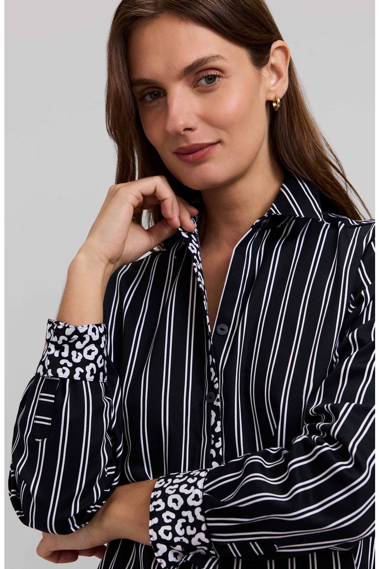 Charlie Stripe Animal Print Trim Cotton Button-Up Shirt, Alternate, color, BLACK/ WHITE
