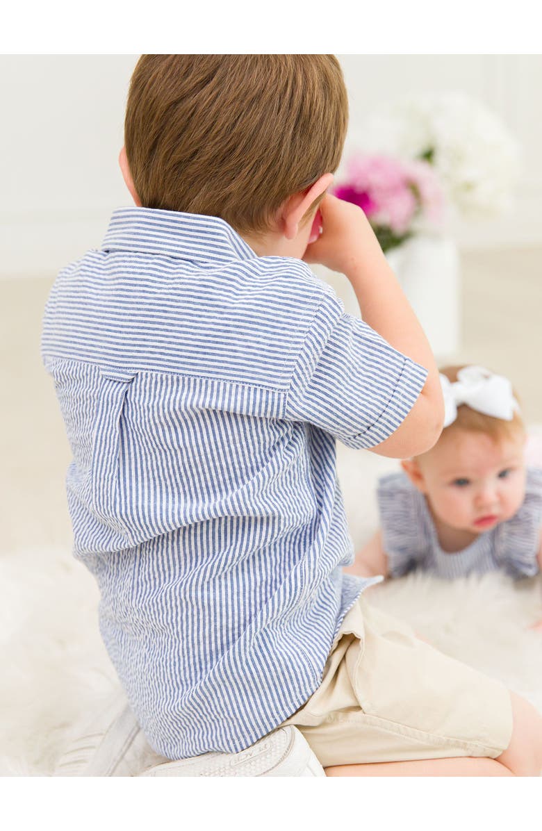 RuffleButts Boys Short Sleeve Button Down Shirt, Alternate, color, Classic Blue Seersucker