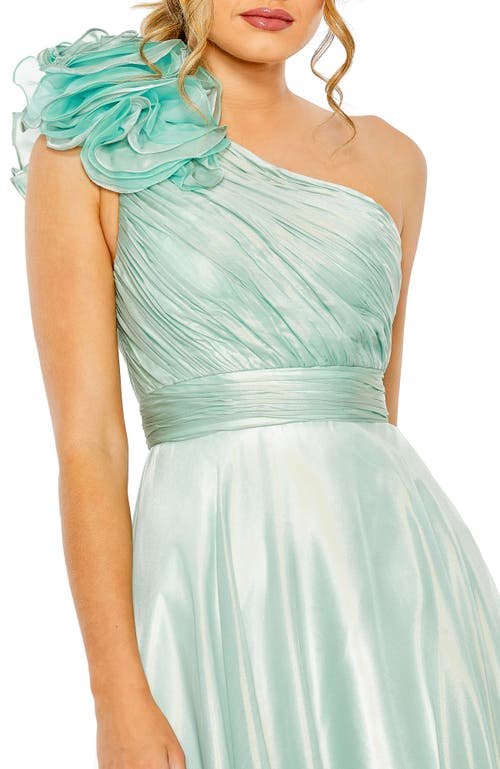 Mac Duggal Rosette One Shoulder Tea Length Dress In Sage