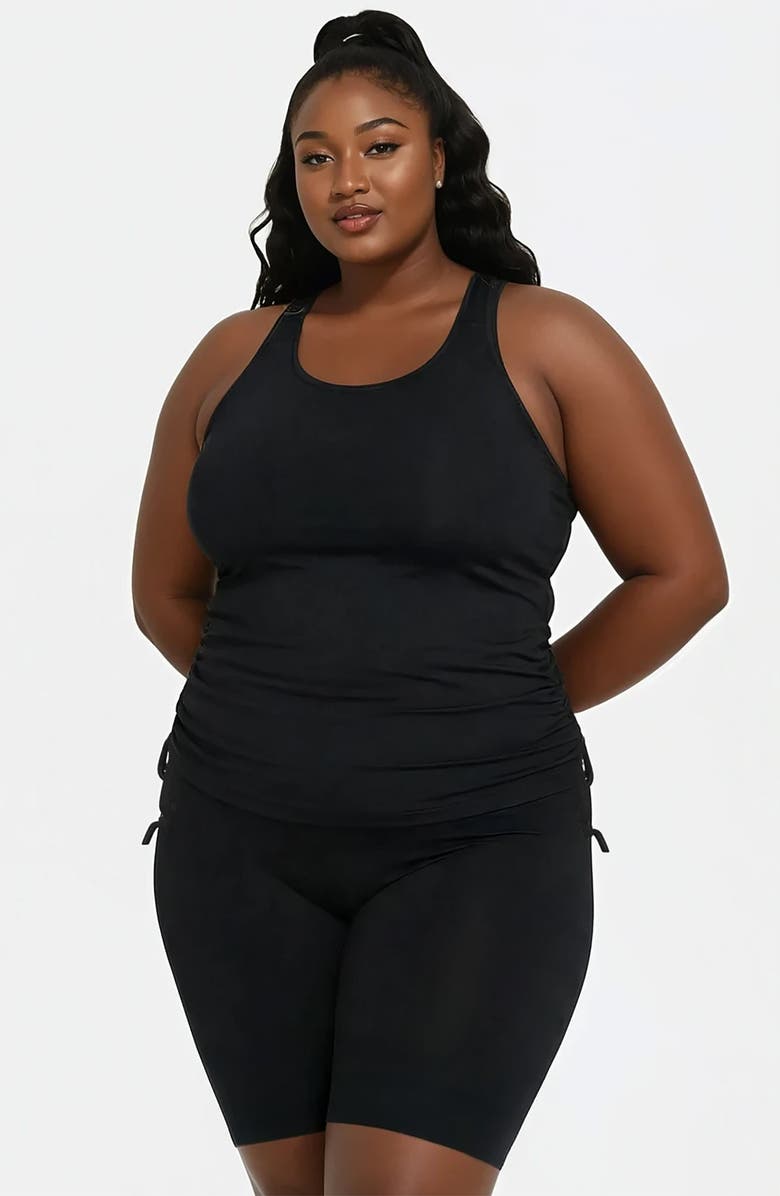 Calypsa Plus Maya Tankini Swim Top With Built-In Bra and Black Long Bike Swim Shorts, Alternate, color, Black